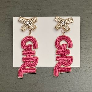 New Baby "Girl" Gender Reveal Pink & Silver Bow Mom Shower Gift Bead 3” Earrings